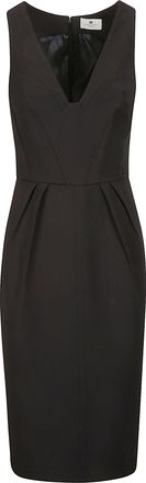 Elisabetta Franchi Fitted Black Structured Pleated Midi Dress