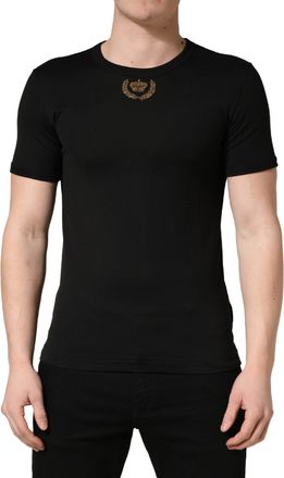 Dolce & Gabbana Black Crown Embroidery Men Crew Neck Mens T-shirt
