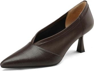 TinaCus Womens Pointed Toe Genuine Leather Handmade V-Cut Slip On Mid Kitten Heel Office Pumps Shoes, Brown, 6 UK