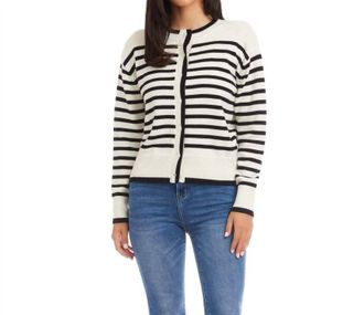 Karen Kane Stripe Crewneck Cardigan In Black/cream