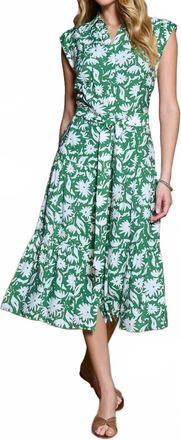 Current Air Floral Printed Button Down Midi Dress In Green