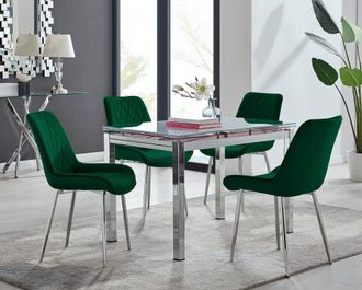 Furniturebox Enna White Glass Extending 4-6 Seater Dining Table & 4 Pesaro Soft Velvet Chairs in Green