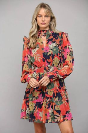 Fate Floral Print Front Keyhole Tiered Mini Dress In Navy Multi