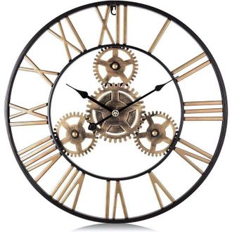 OEM Reloj De Pared Gigante Con Engranajes Dorados, Metal Industrial, 50 Cm, Movimiento De Cuarzo, N&uacute;meros Romanos, Silencioso, Para Sala De Estar, Bar O R