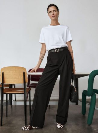 Contemporaine Womens Essential stretch pant Fit: Wide leg, mid rise