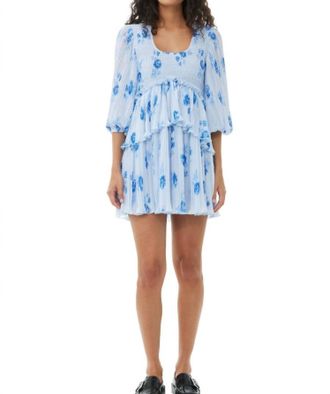 Ganni Pleated Georgette Flounce Smock Mini Dress In Heather