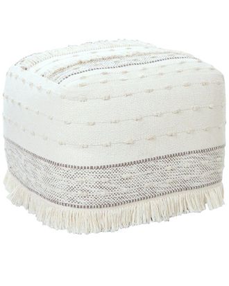 LR Home Ivory And Beige Farmhouse Chic Shag Textured Pouf Ottoman
