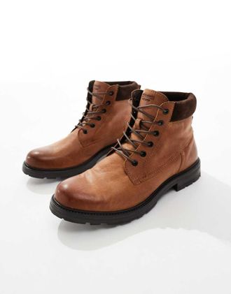 Jack & Jones Stivali stringati in pelle color cuoio-Marrone