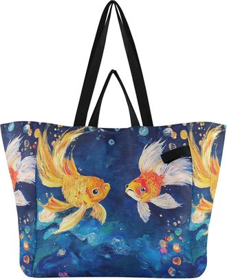 Generic Bubbles Goldfish Blue print Reusable Canvas Tote Bag, Heavy Duty Grocery Shopping Bag with Hard Bottom Large Capacity Double Handles Work Groceries Tr