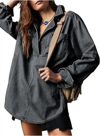 Generic Womens Denim Pullover Casual Button V Neck Blouse-Oversized Denim Shirt Hoodie Sweatshirt (Grey,XL)