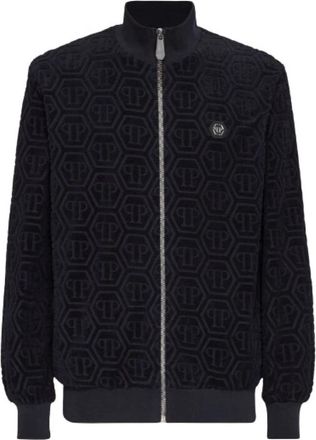 Philipp Plein Jacquard Trainingsjack Monogram - Heren - Vesten met rits - Blauw - L - Katoen - Hoodies & sweatvesten