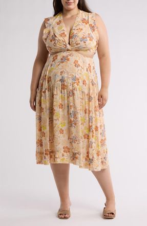 Joie Maeve Floral Back Cutout Silk Midi Dress in Apricot Buff Multi at Nordstrom Rack, Size 1X
