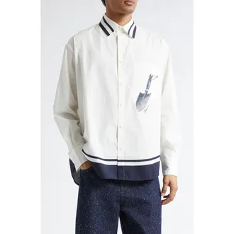 Jacquemus La Chemise Camargue Cotton Button-Up Shirt in Blue Shovel Placement Print at Nordstrom, Size 36 Us