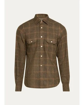 Kiton Mens Cashmere and Wool Plaid Button-Front Shirt