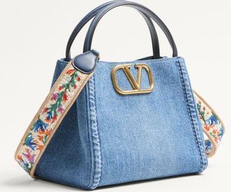 Valentino Garavani Borsa A Mano Media Valentino Garavani Alltime In Denim Con Tracolla Nastro Ricamato Donna DENIM/WORKER UNI