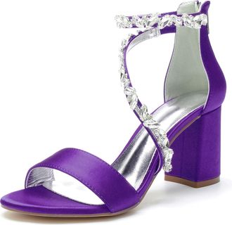Generic Womens Rhinestones Bridal Heels 8Cm Chunky Block Heels Ankle Strap Wedding Party Prom Dressy Sandals with Back Zipper,Dark Purple,10 UK