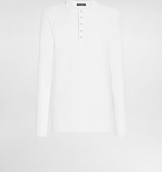 Dolce & Gabbana Ribbed Cotton Granddad-neck Sweater - Man T-shirts And Polos White Cotton 60