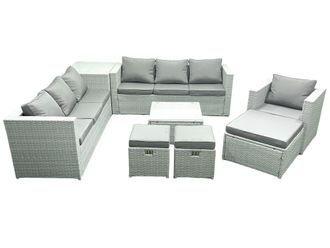 Fimous Wicker PE Rattan Sofa Garden Furniture Set with Armchair Square Coffee Table 3 Footstools Side Table Light Grey Mixed