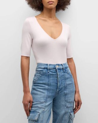 Majestic Filatures Soft Touch Elbow Sleeve V-Neck Tee In Petale