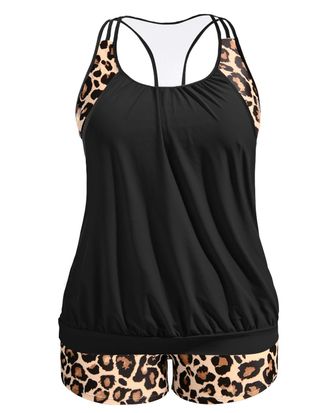 Holipick Plus Size Tankini Swimsuit for Women Two Piece Tummy Control Bathing Suit Blouson Racerback Tankini Top with Shorts, Black Leopard, 28 Plus