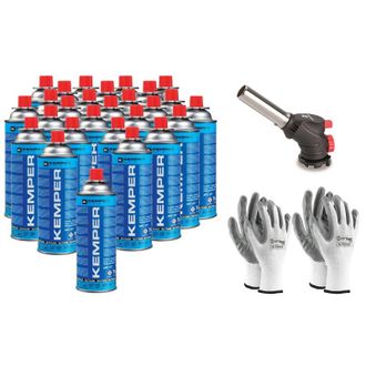Kemper Kit Soplete De Gas Piezo Con 27 Cartuchos Butano Kemper 190g + 2 Pares De Guantes De Regalo Soldadura, Cocina, Camping, Reparaciones, Llama Ajustable,