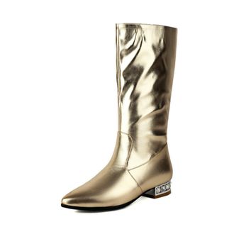 Generic Womens Pull on Slouch Mid-Calf Boots Pointed Toe PU Leather Short Boots Flat Heel Casual Boot,Gold,9.5 UK