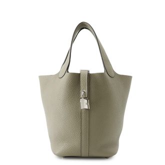Herm&egrave;s Picotin Silver Taurillon Clemence Leather Handbag Tote Bag (Pre-Owned)