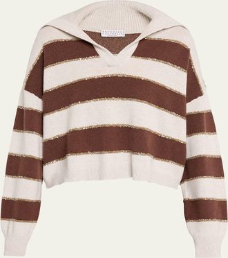 Brunello Cucinelli Paillette Striped Cashmere Sailor Sweater