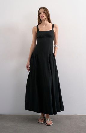 Topshop Gathered Fit & Flare Maxi Dress in Black at Nordstrom, Size 12 Us