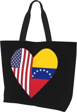 AOOEDM Venezuela-American Flag Love Heart Ladies Canvas Tote Reusable Shopping Bag