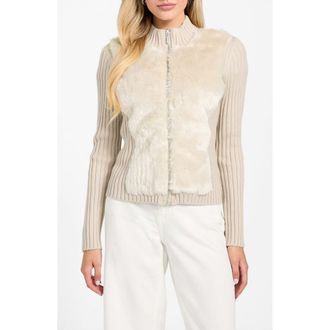 Guess Mila Mixed Media Faux Fur Cardigan in F1Cy-Light at Nordstrom, Size Large