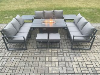 Fimous Aluminium 11 Seater Garden Furniture Outdoor Set Patio Lounge Sofa Gas Fire Pit Dining Table Set with 2 Small Footstools in Dark Grey