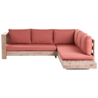 Beliani Conjunto Esquinero De Exterior Derecho Sof&aacute; Y Mesa Auxiliar De Madera De Acacia Certificada Rojo Marettimo