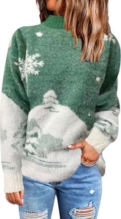 Generic Christmas Jumpers for Women Trendy Polo Neck Snowflake Knitted Jumpers Turtleneck Xmas Holiday Sweaters High Neck Knitwear Cozy Going Out Pullover Swe