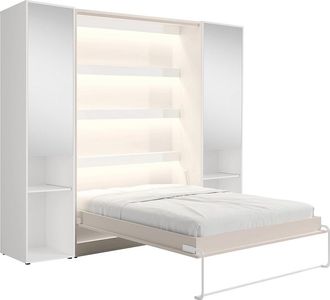 Vente-Unique Cama abatible vertical 140 x 200 cm - 2 columnas de almacenamiento - Con espejos y LEDs - Beige - RAPILI