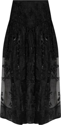 Ganni Rok met bloemenmotief - Dames - Midirokken - Zwart - S - Polyester - Rokken