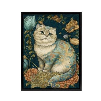 Artery8 Cute Cat With Floral Pattern Fur Framed Canvas Wall Art Print | Size: W24 x H32