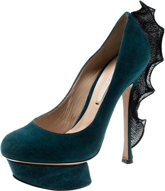 Nicholas Kirkwood Blue Suede Ruffle Trimmed Platform Pumps