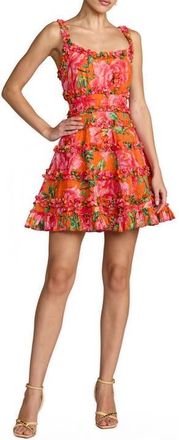Mac Duggal Floral Square Neck Ruffle Mini Dress in Orange Multi at Nordstrom, Size 12