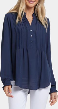 NYDJ Pleated Yoke Long Sleeve Peasant Blouse in Oxford Navy at Nordstrom, Size Xx-Small
