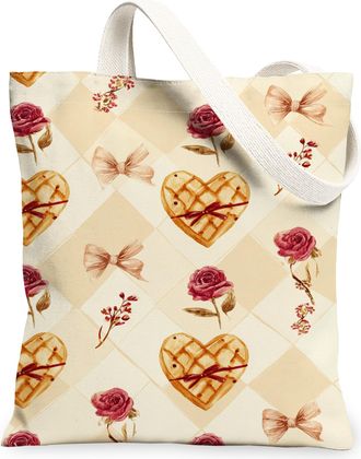 Generic Floral Canvas Tote Bags, Romantic Rose and Bow Pattern Reusable Grocery Bags, Vintage Lightweight Washable Shoulder Strap C, Beige, 13x15 Inch