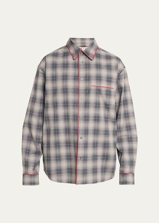 Marni Mens Piped Cotton Plaid Button-Front Shirt