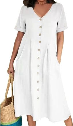 Generic Womens Plus Size Dress UK Summer Casual Cotton Linen Solid Color Short Sleeve Button Down Shirt Dresses Beach Cover Up with Pockets,Denim Dresses Blue