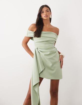 Asos vestito mini drappeggiato Bardot con gonna asimmetrica in tessuto scuba salvia-Giallo