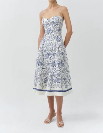 Jonathan Simkhai Analise Linen Bustier Midi Dress In Blueberry Multi