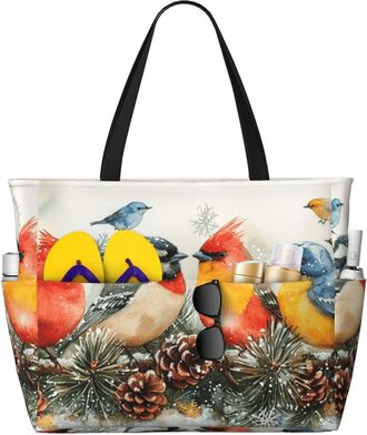 Generic Winter Birds Print Large Beach Bag Foldable Travel Shoulder Tote Bag With Pocket For Weekender Pool Vacation