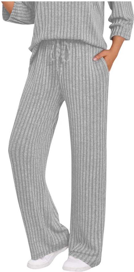 Ribbed Sweatpants for Women UK Baggy Wide Leg Lounge Jogging Pants Elastic Waisted Drawstring Straight Leg Trousers with Pockets Casual Solid Color Ba