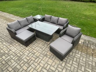 Fimous PE Rattan Outdoor Garden Furniture Sets Height Adjustable Rising lifting Dining Table Sofa Set with Side Tables Reclining Chair in Dark Grey