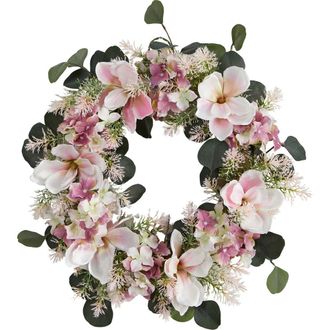 Nearly Natural 20-in Hydrangea and Magnolia Artificial Wreath in Pink at Nordstrom