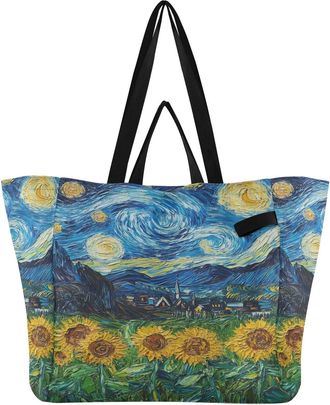 Generic Field Village Blue pattern Reusable Canvas Tote Bag, Heavy Duty Grocery Shopping Bag with Large Capacity Hard Bottom Double Handles Work Groceries Tra
